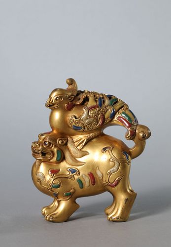 A Hardstone Inlaid and Gilt Bronze Beast-Form Censer