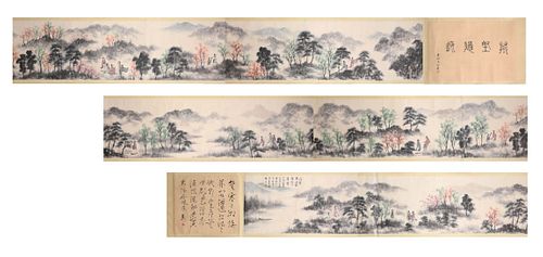 A Chinese Landscape and Figure Painting Silk Hand Scroll