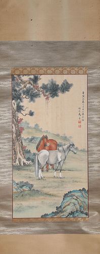 A Chinese Two Horses Painting Silk Scroll