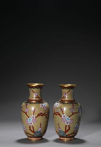A Pair of Cloisonné Enamel Flower and Bird Vases