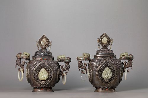 A Pair of Jade Inlaid Silver Double-Eared Vases
