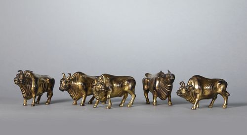 A Set of Five Gilt Bronze Bulls