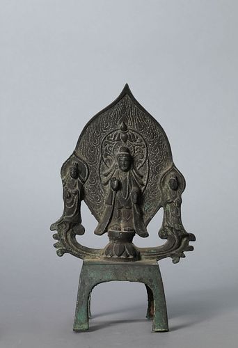 A Rare Bronze Figure of Guanyin and Two Attendants