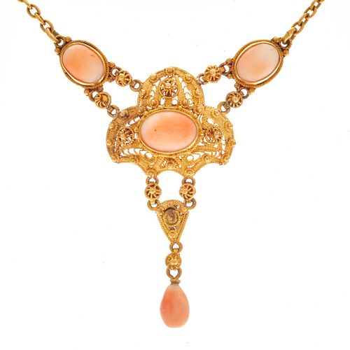 Victorian Coral, Cannetille 14k Yellow Gold Necklace