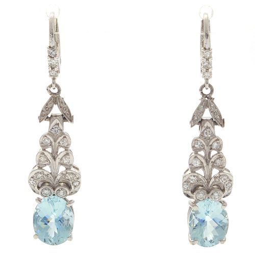 Pair of Aquamarine, Diamond, Platinum, 14k Earrings