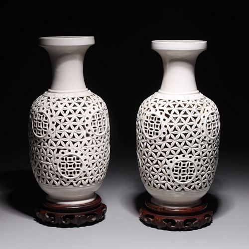 Pair of White Glazed Chinese Latticework Vases