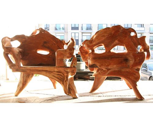 PAIR OF HAND HEWN TREE ARMCHAIRS