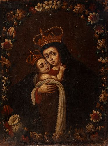 Spanish School, XVIII century. 
"Virgin with Child and floral garland". 
Oil on burlap.