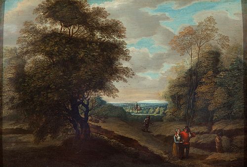 Dutch school of the XVII century. 
"Landscape with figures". 
Oil on panel.
