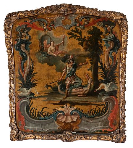 French or Spanish work; circa 1760. 
"Mythological Scene." 
Oil on wood panel.