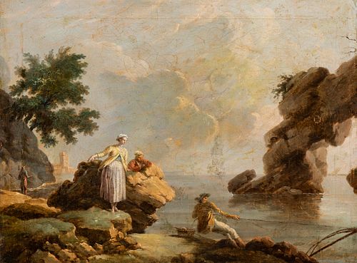 French school of the last third of the 18th century. 
"Coastal landscape with figures". 
Oil on canvas.