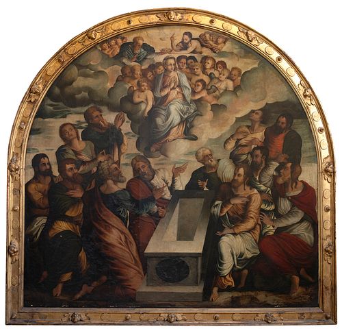 Andalusian school, most probably from Seville, XVI century. 
"The Assumption of the Virgin. 
Oil on panel.