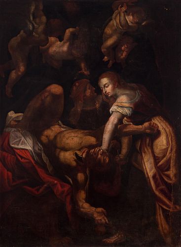 Italian school; 17th century. 
"Judith beheading Holofernes." 
Oil on canvas. Old relined.