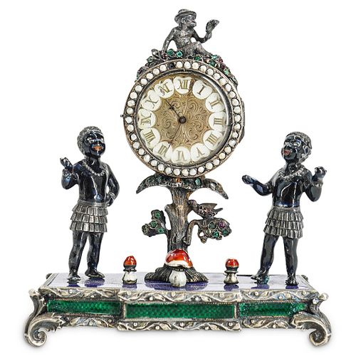 Antique Viennese Silver & Enamel Jeweled Desk Clock