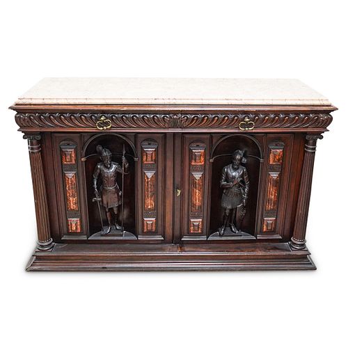 Antique Renaissance Revival Figural Carved Wood & Marble Cabinet