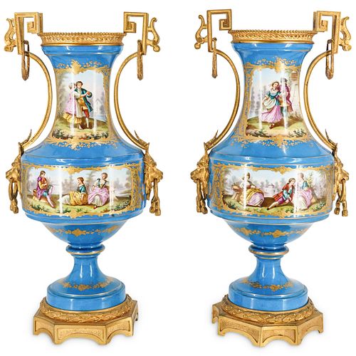 Pair of Sevres French Bronze Mounted Porcelain Urns