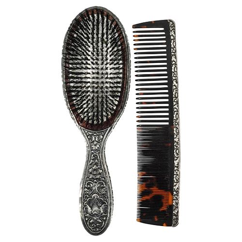 Antique Chinese Sterling Silver Repousse Hair Brush & Comb Set