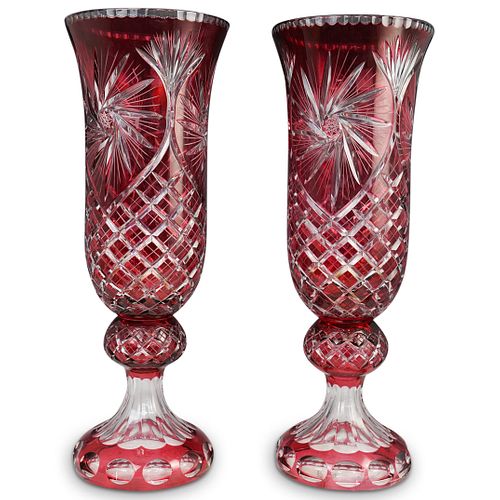 Pair Of Cranberry Crystal Cut Vases