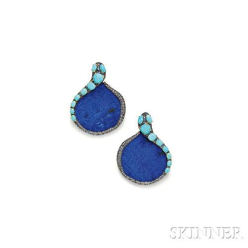 18kt Blackened Gold, Lapis, and Turquoise Earrings