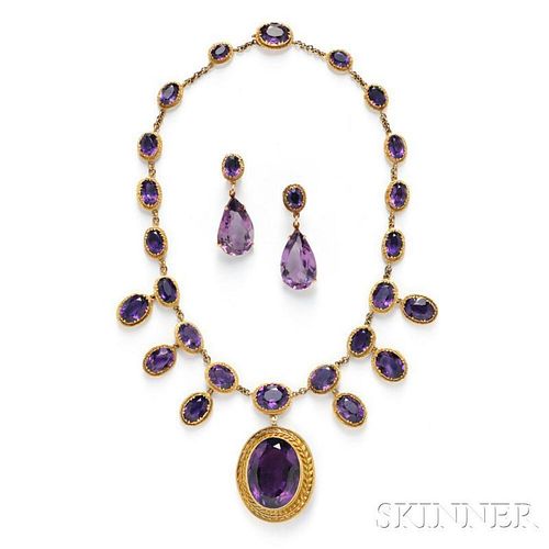 Gold and Amethyst Necklace and Earpendants, of Antique Elements