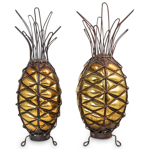 Antique Pair of Iron & Blown Glass Pineapples