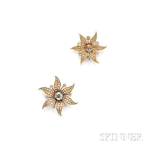 Two 14kt Gold and Diamond Flower Pendant/Brooches