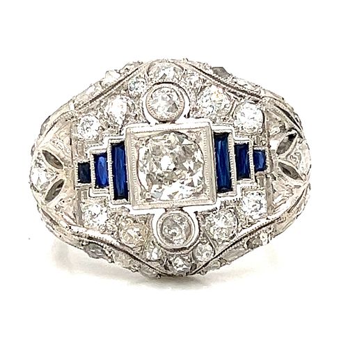 Art Deco Platinum Diamond Sapphire RingÂ 