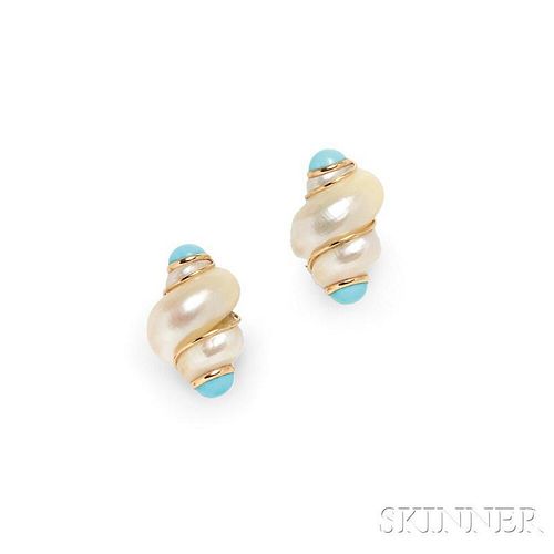 14kt Gold, Shell, and Turquoise Earrings, MAZ