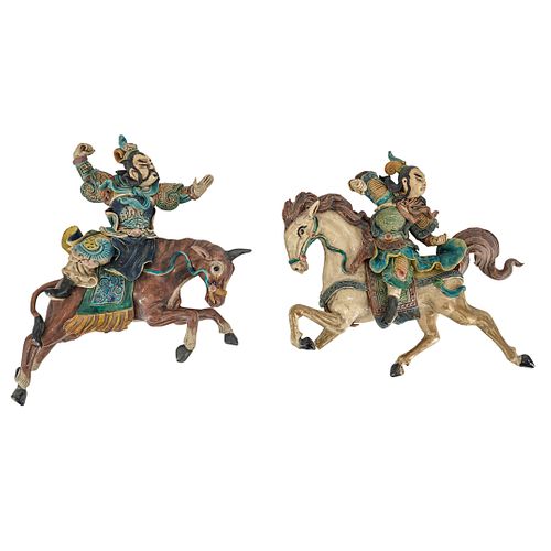 (2 Pc) Antique Chinese Wucai Glaze Terracotta Warriors