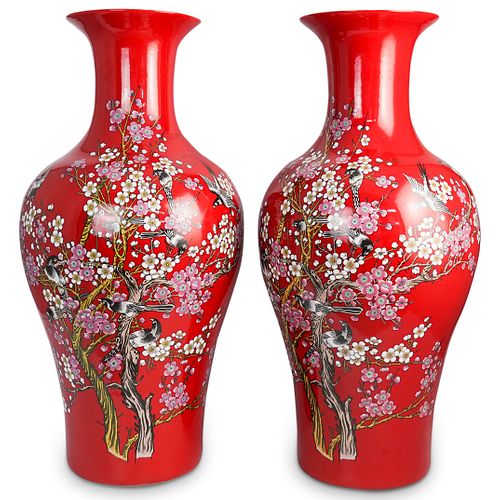 (2 Pc) Large Chinese Red Ceramic Vases