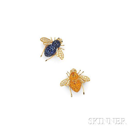 Two 18kt Gold Gem-set Insect Brooches