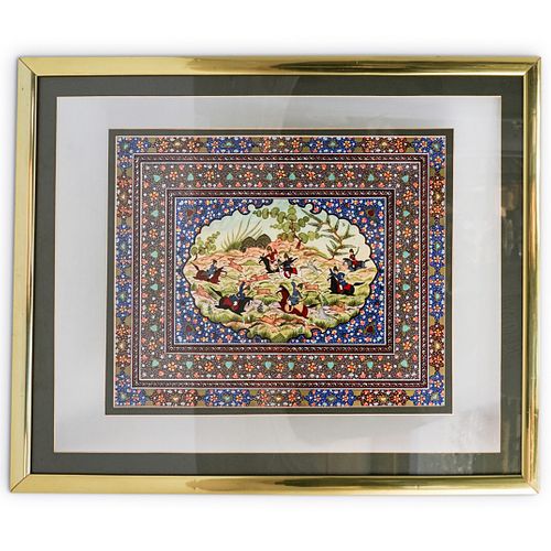 Framed Persian Hunting Scene Painting