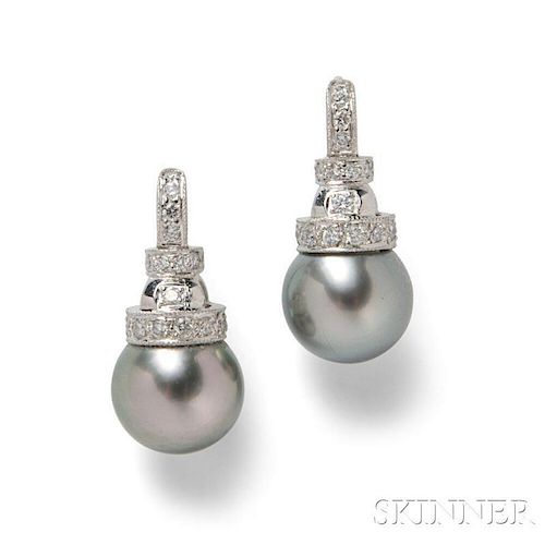 18kt White Gold, Tahitian Pearl, and Diamond Earrings