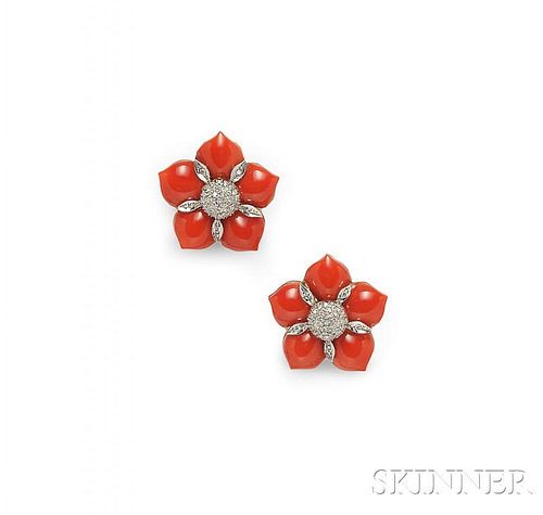 18kt Gold, Coral, and Diamond Earclips