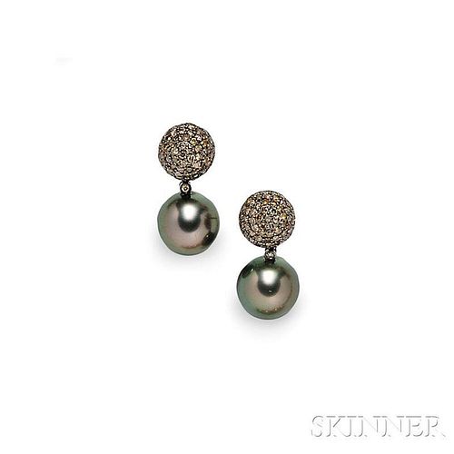 18kt Gold, Tahitian Pearl, and Brown Diamond Day/Night Earrings