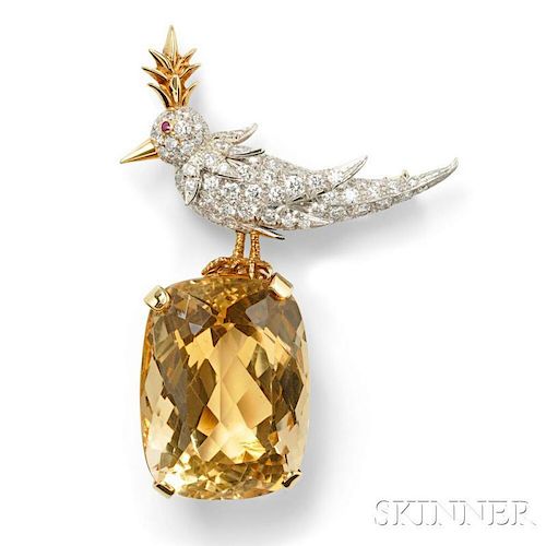 Citrine and Diamond "Bird on a Rock" Brooch, Schlumberger, Tiffany & Co.