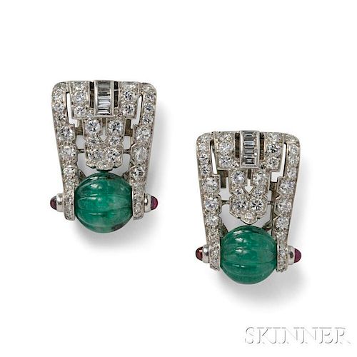 Art Deco Platinum, Carved Emerald, and Diamond Dress Clips