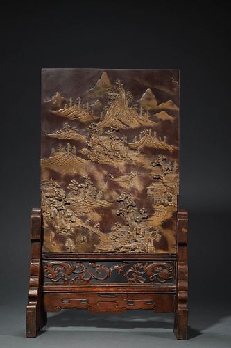 Qing QianLong, A Carved  Qi Yang Stone Table Screen