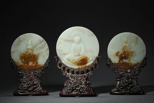 QianLong, A Group of Three Carved Jade Round Table Screens