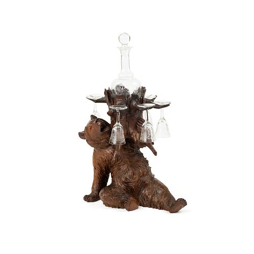 Swiss Black Forest Bear Decanter and Glasses Stand