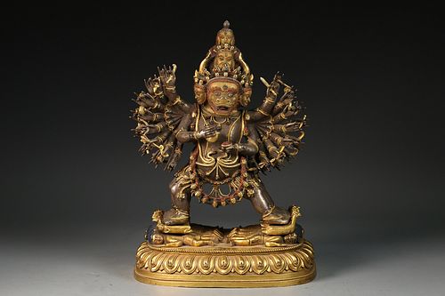 A Gilt Bronze & Silver Tibetan Deity 'Da Wei De Ji