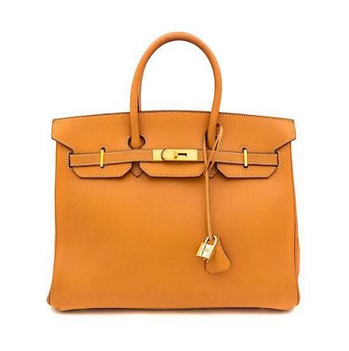 An Hermes Tan Leather 35cm Birkin Handbag, 13.5" x 11" x 7".