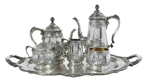 Five Piece Georgian Sterling Tea Service, Silver Plate Tray