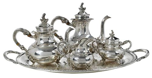 Five Piece Sterling Tea Service With Silver Plate Tray