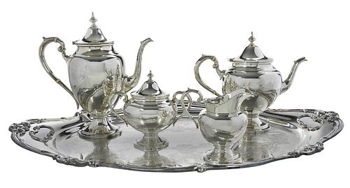 Four Piece Gorham Sterling Tea Service, Silver Plate Tray