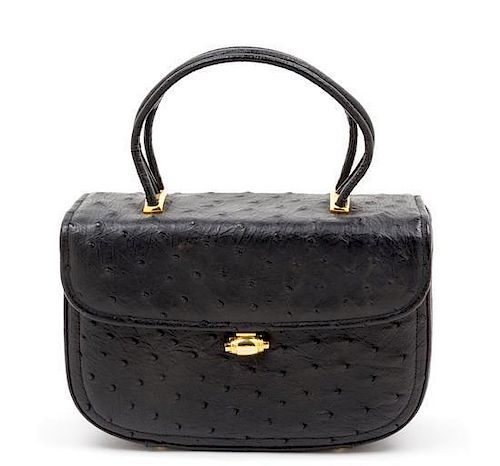 A Koret Black Ostrich Handbag, 9" x 6" x 3.5".