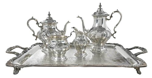 Four Piece Sterling Gorham Tea Service, Silver Plate Tray