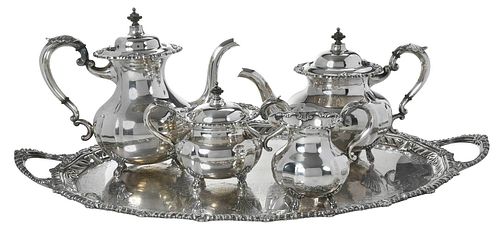 Japanese Sterling Tea Service in Case with Silver Plate Tray