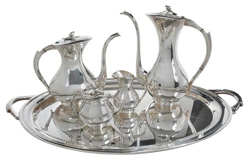 Five Piece Mid Century Modern Tea Service, Silver Plate Tray