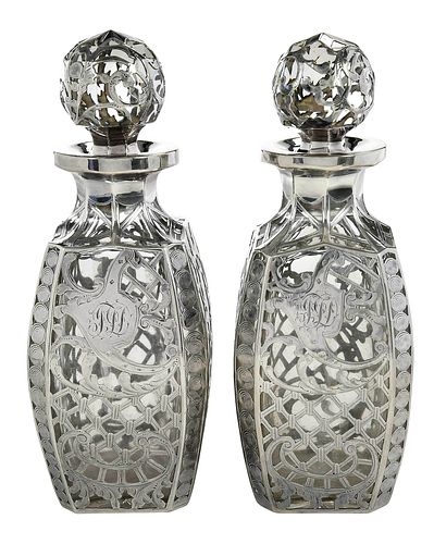 Pair of Silver Overlay Glass Decanters